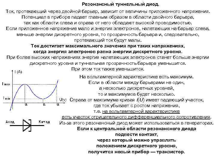Резонансный туннельный диод. Ток, протекающий через двойной барьер, зависит от величины приложенного напряжения. Потенциал