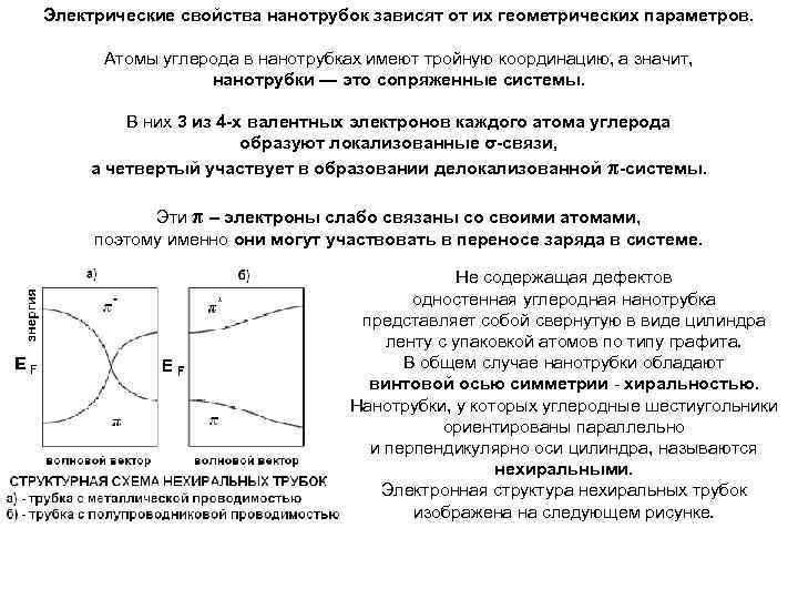 Электрические свойства нанотрубок зависят от их геометрических параметров. Атомы углерода в нанотрубках имеют тройную