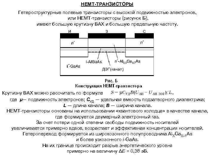 НЕМТ-ТРАНЗИСТОРЫ Гетероструктурные полевые транзисторы с высокой подвижностью электронов, или НЕМТ-транзисторы (рисунок Б), имеют большую