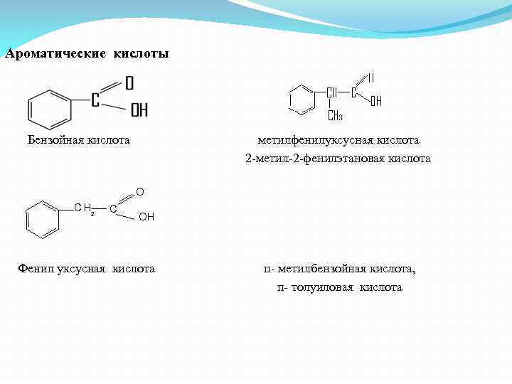 Ароматические кислоты Бензойная кислота метилфенилуксусная кислота 2 -метил-2 -фенилэтановая кислота O C H 2