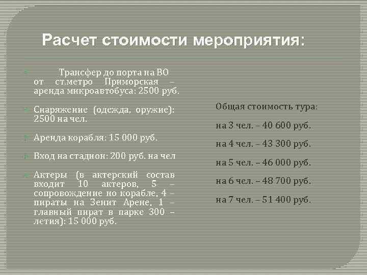 Расчет стоимости мероприятия: Трансфер до порта на ВО от ст. метро Приморская – аренда