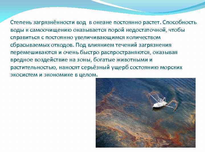 Степень загрязнённости вод в океане постоянно растет. Способность воды к самоочищению оказывается порой недостаточной,