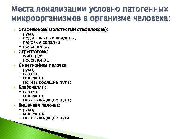 Места локализации условно патогенных микроорганизмов в организме человека: Стафилококк (золотистый стафилококк): - руки, -