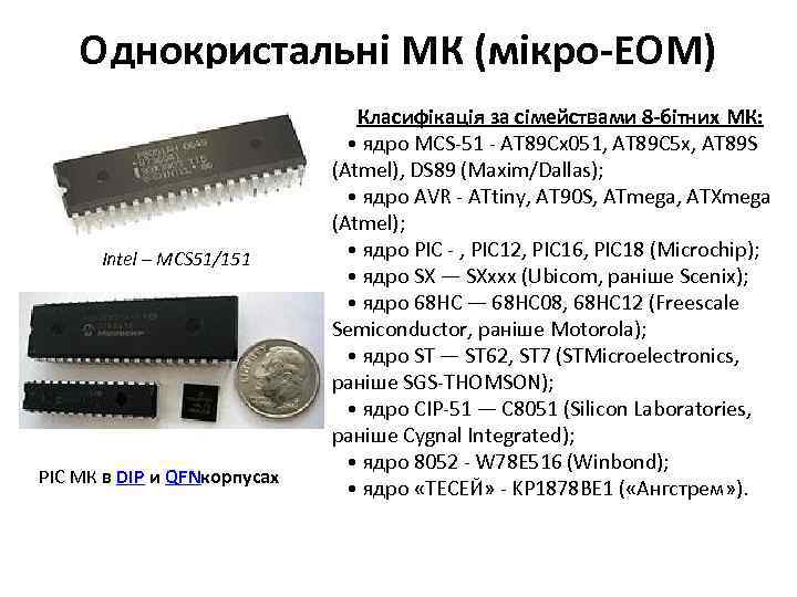 Однокристальні МК (мікро-ЕОМ) Intel – MCS 51/151 PIC МК в DIP и QFNкорпусах Класифікація