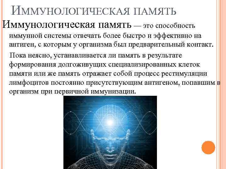 ИММУНОЛОГИЧЕСКАЯ ПАМЯТЬ Иммунологическая память — это способность иммунной системы отвечать более быстро и эффективно