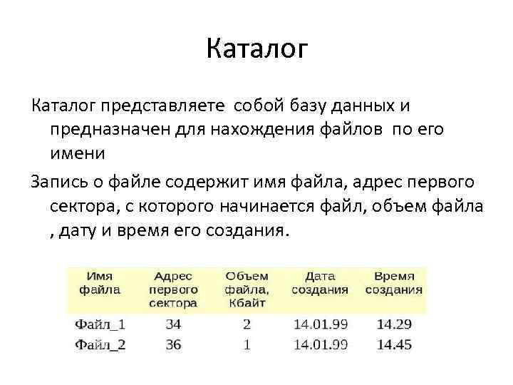 Каталог представляете собой базу данных и предназначен для нахождения файлов по его имени Запись