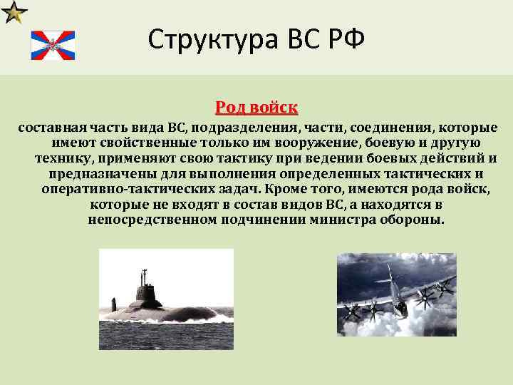 Структура ВС РФ Род войск составная часть вида ВС, подразделения, части, соединения, которые имеют