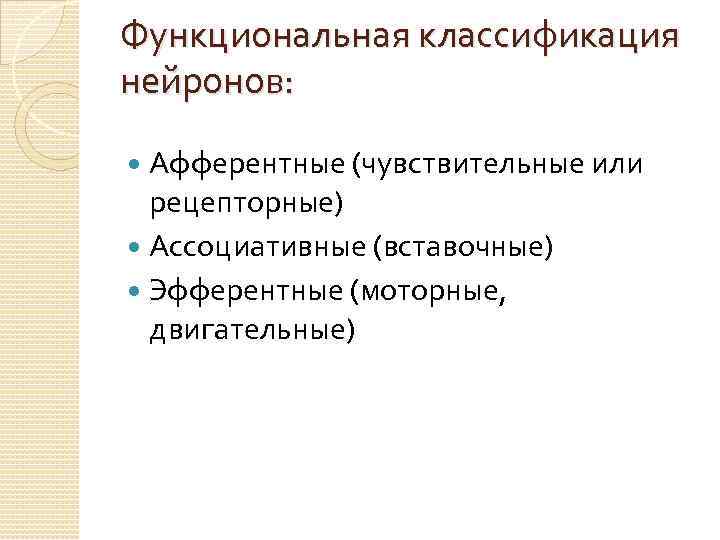 Функциональная классификация нейронов: Афферентные (чувствительные или рецепторные) Ассоциативные (вставочные) Эфферентные (моторные, двигательные) 