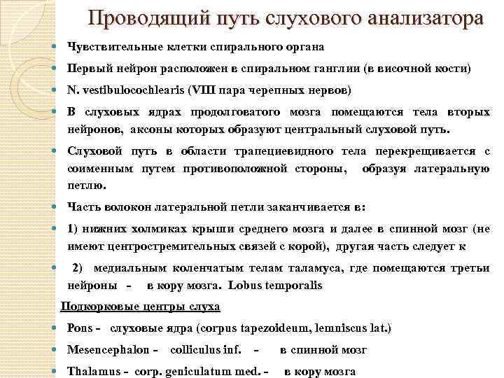 Проводящий путь слухового анализатора Чувствительные клетки спирального органа Первый нейрон расположен в спиральном ганглии