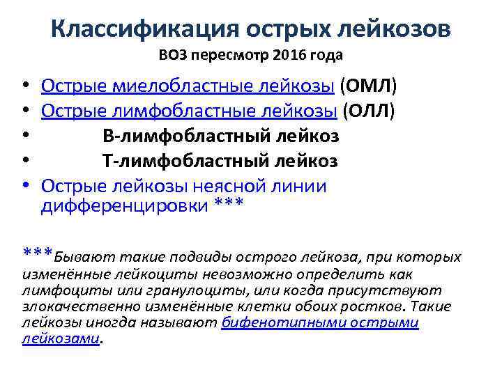 Классификация острых лейкозов ВОЗ пересмотр 2016 года • • • Острые миелобластные лейкозы (ОМЛ)