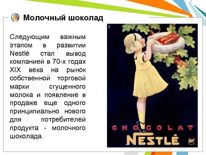 Молочный шоколад Следующим важным этапом в развитии Nestlé стал вывод компанией в 70 -х