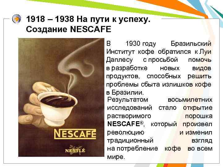 1918 – 1938 На пути к успеху. Создание NESCAFE В 1930 году Бразильский Институт