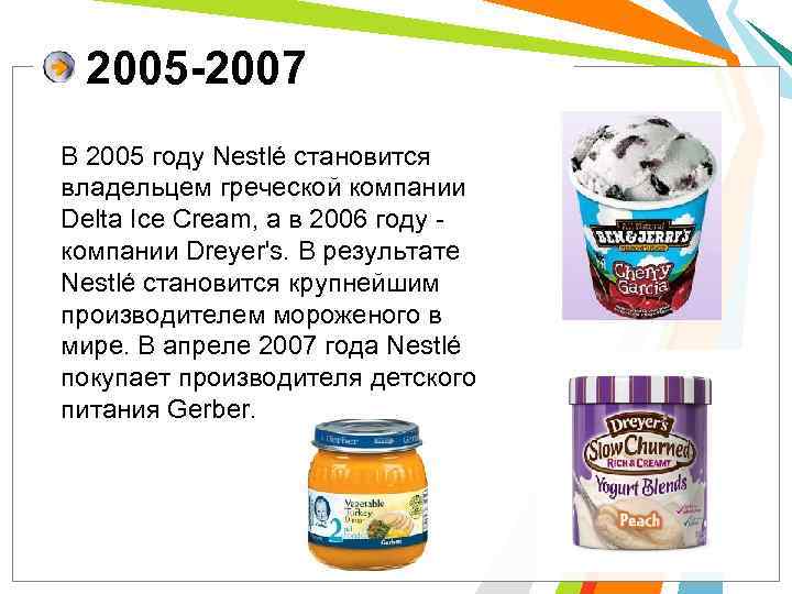 2005 -2007 В 2005 году Nestlé становится владельцем греческой компании Delta Ice Cream, а