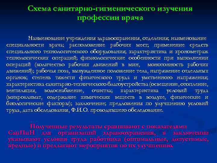 Схема санитарно-гигиенического изучения профессии врача Наименование учреждения здравоохранения, отделения; наименование специальности врача; расположение рабочих