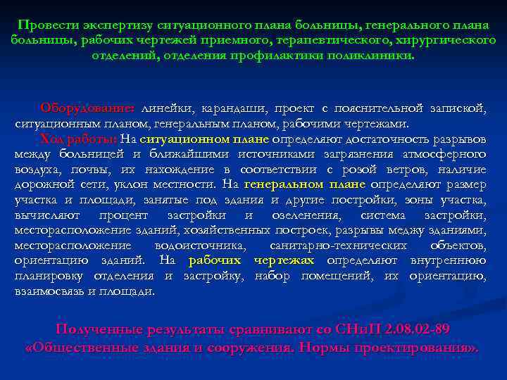 Провести экспертизу ситуационного плана больницы, генерального плана больницы, рабочих чертежей приемного, терапевтического, хирургического отделений,