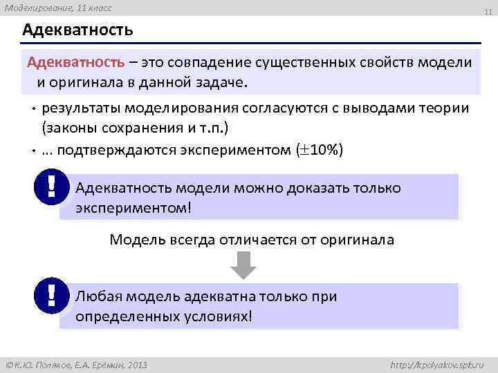Моделирование, 11 класс 11 Адекватность – это совпадение существенных свойств модели и оригинала в