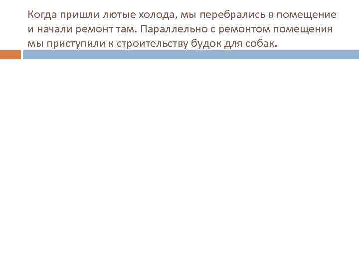 Когда пришли лютые холода, мы перебрались в помещение и начали ремонт там. Параллельно с