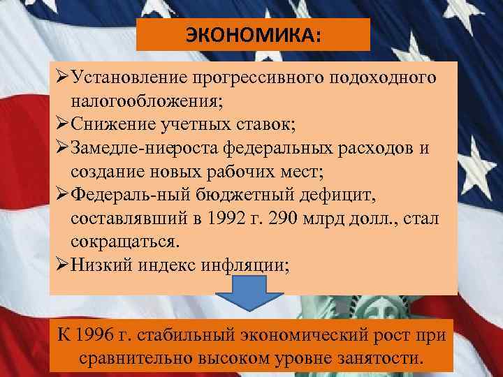 ЭКОНОМИКА: ØУстановление прогрессивного подоходного налогообложения; ØСнижение учетных ставок; ØЗамедле ние оста федеральных расходов и