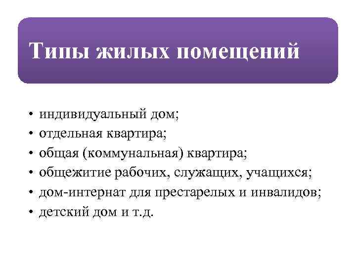 Типы жилых помещений • • • индивидуальный дом; отдельная квартира; общая (коммунальная) квартира; общежитие