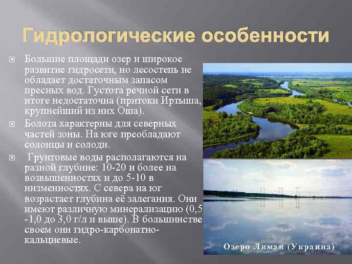 Гидрологические особенности Большие площади озер и широкое развитие гидросети, но лесостепь не обладает достаточным
