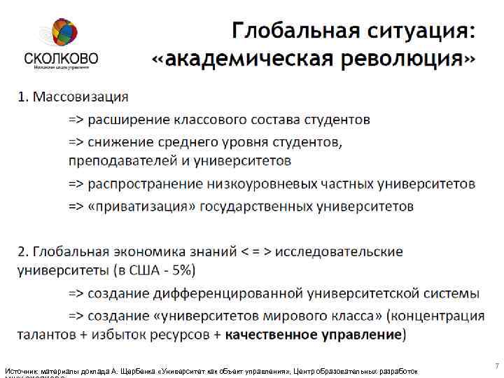 Источник: материалы доклада А. Щербенка «Университет как объект управления» , Центр образовательных разработок 7
