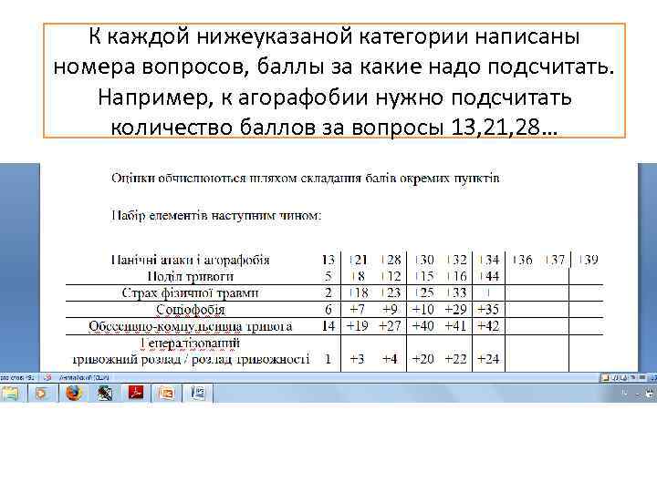К каждой нижеуказаной категории написаны номера вопросов, баллы за какие надо подсчитать. Например, к