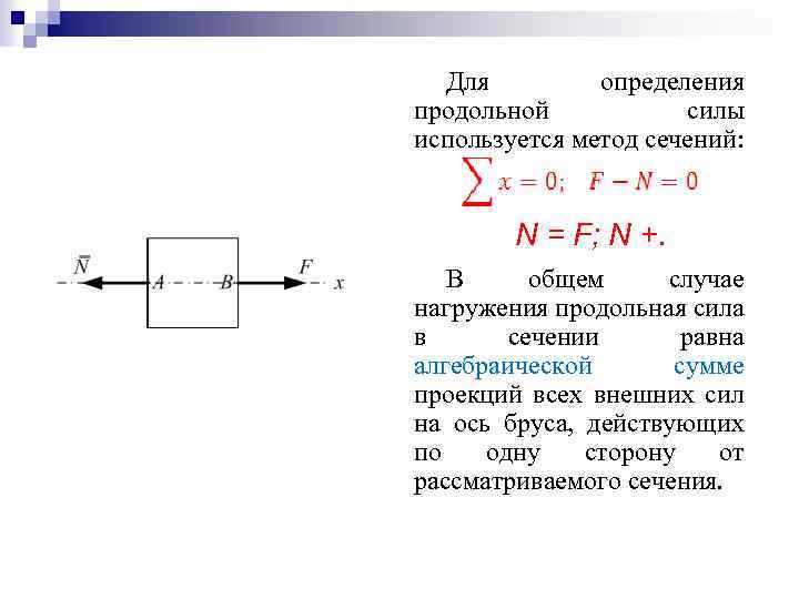 Для определения продольной силы используется метод сечений: N = F; N +. В общем