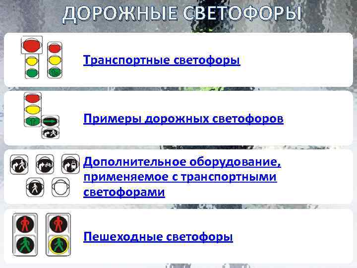 ДОРОЖНЫЕ СВЕТОФОРЫ Транспортные светофоры Примеры дорожных светофоров Дополнительное оборудование, применяемое с транспортными светофорами Пешеходные