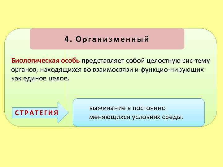 4. Организменный Биологическая особь представляет собой целостную сис тему органов, находящихся во взаимосвязи и