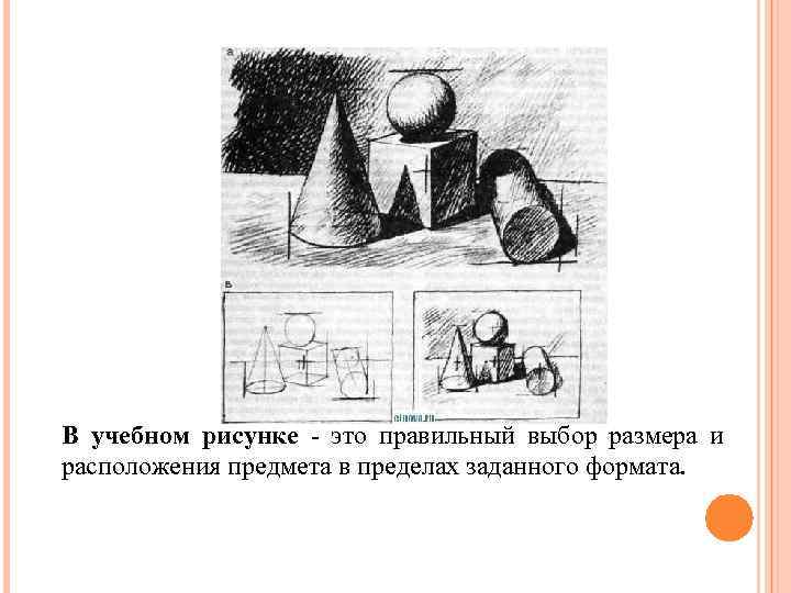 В учебном рисунке - это правильный выбор размера и расположения предмета в пределах заданного