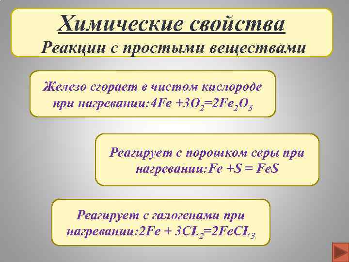 Химические свойства Реакции с простыми веществами Железо сгорает в чистом кислороде при нагревании: 4