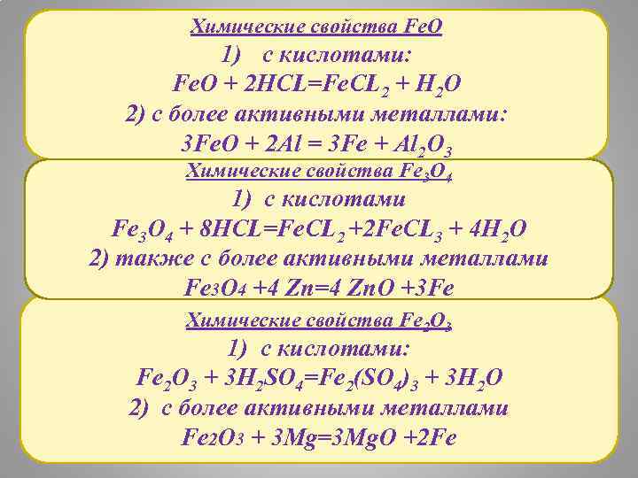 Химические свойства Fe. O 1) с кислотами: Fe. O + 2 HCL=Fe. CL 2