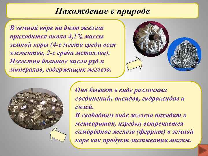 Нахождение в природе В земной коре на долю железа приходится около 4, 1% массы