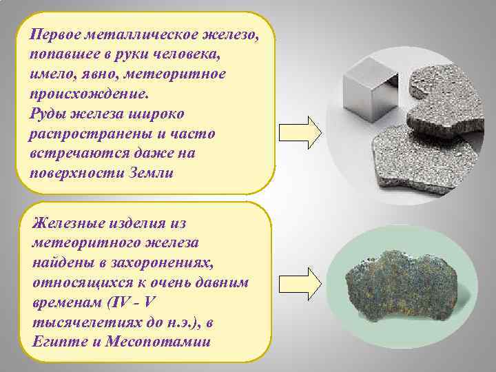 Первое металлическое железо, попавшее в руки человека, имело, явно, метеоритное происхождение. Руды железа широко