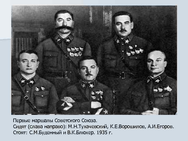 Первые маршалы Советского Союза. Сидят (слава направо): М. Н. Тухачевский, К. Е. Ворошилов, А.