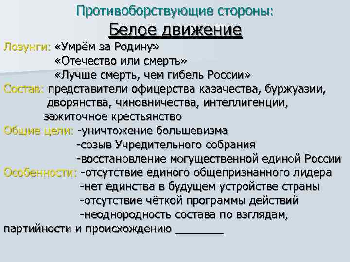 Противоборствующие стороны: Белое движение Лозунги: «Умрём за Родину» «Отечество или смерть» «Лучше смерть, чем