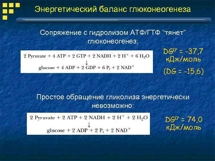 Энергетический баланс глюконеогенеза Сопряжение с гидролизом АТФ/ГТФ “тянет” глюконеогенез: DG 0’ = -37, 7