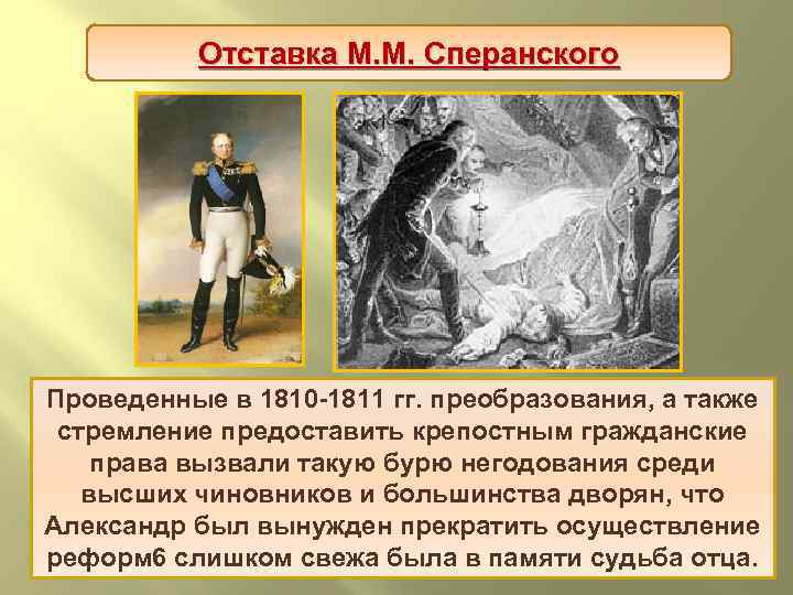 Отставка М. М. Сперанского Проведенные в 1810 -1811 гг. преобразования, а также стремление предоставить