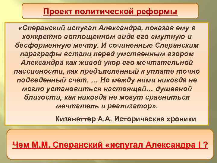 Проект политической реформы «Сперанский испугал Александра, показав ему в конкретно воплощенном виде его смутную