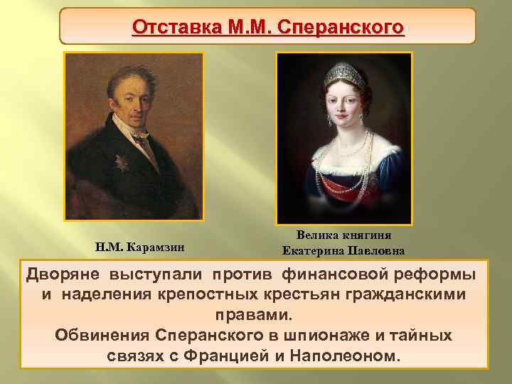 Отставка М. М. Сперанского Н. М. Карамзин Велика княгиня Екатерина Павловна Дворяне выступали против