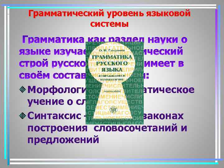 Грамматический уровень языковой системы Морфологию – грамматическое учение о слове Синтаксис – учение о