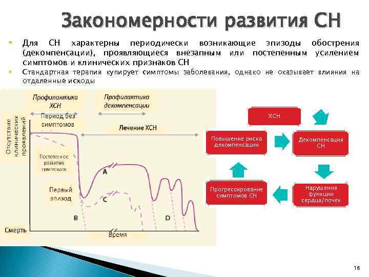 Закономерности развития СН § § Для СН характерны периодически возникающие эпизоды обострения (декомпенсации), проявляющиеся