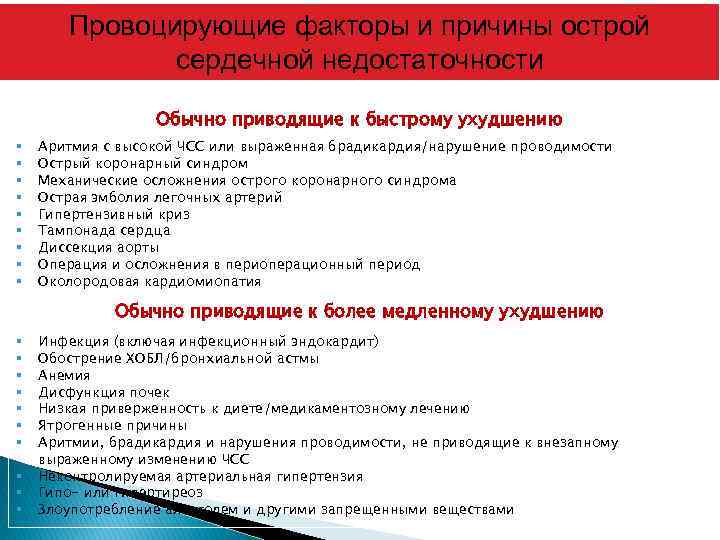 Провоцирующие факторы и причины острой сердечной недостаточности Обычно приводящие к быстрому ухудшению § §