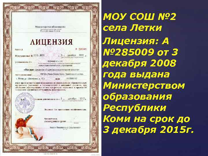 МОУ СОШ № 2 села Летки Лицензия: А № 285009 от 3 декабря 2008
