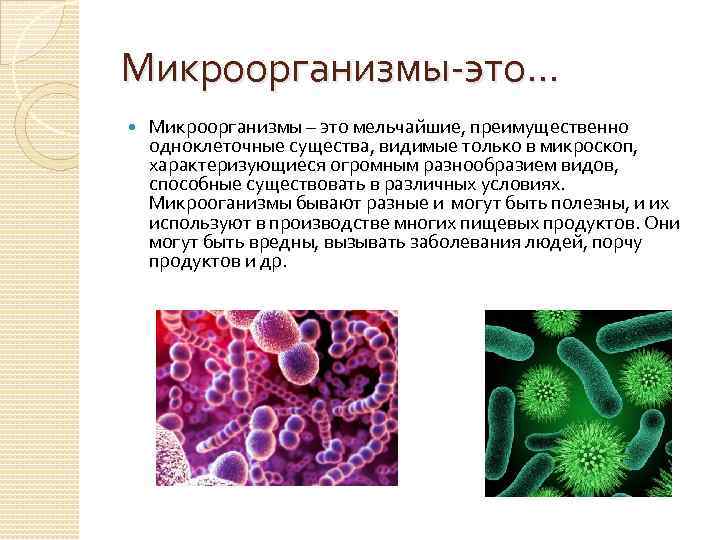 Микроорганизмы-это… Микроорганизмы – это мельчайшие, преимущественно одноклеточные существа, видимые только в микроскоп, характеризующиеся огромным