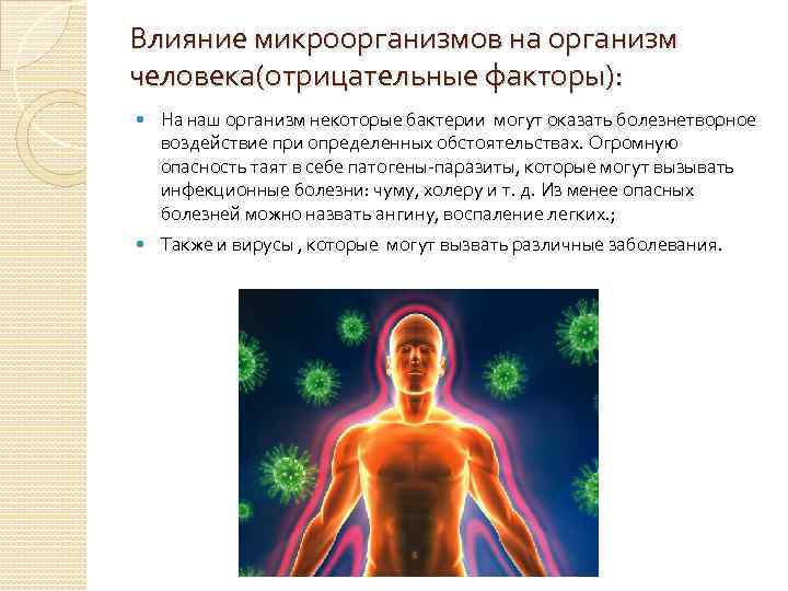 Влияние микроорганизмов на организм человека(отрицательные факторы): На наш организм некоторые бактерии могут оказать болезнетворное