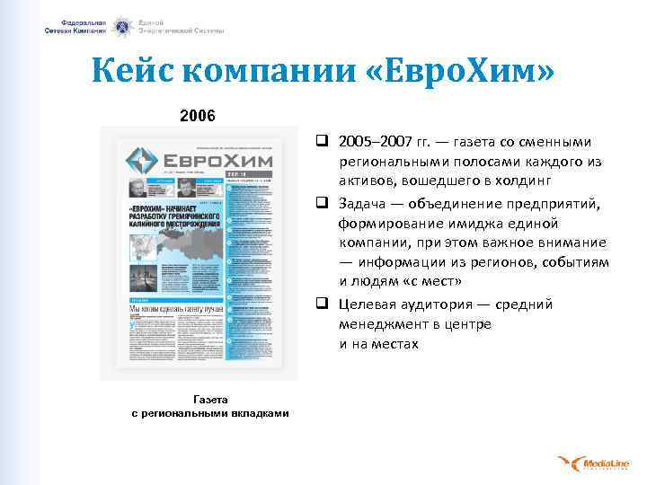 Кейс компании «Евро. Хим» 2006 q 2005– 2007 гг. — газета со сменными региональными