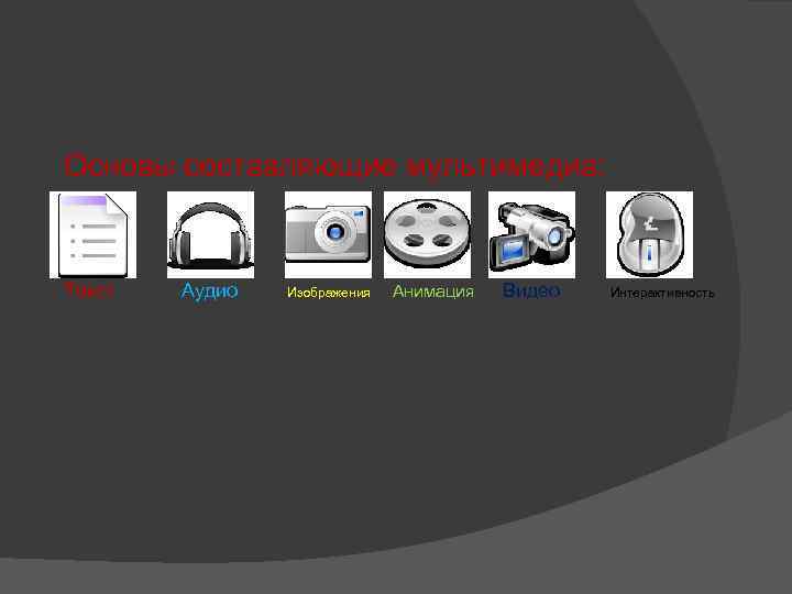 Основы составляющие мультимедиа: Текст Аудио Изображения Анимация Видео Интерактивность 