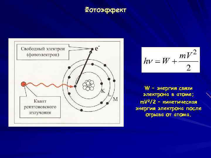 Фотоэффект W – энергия связи электрона в атоме; m. V 2/2 – кинетическая энергия