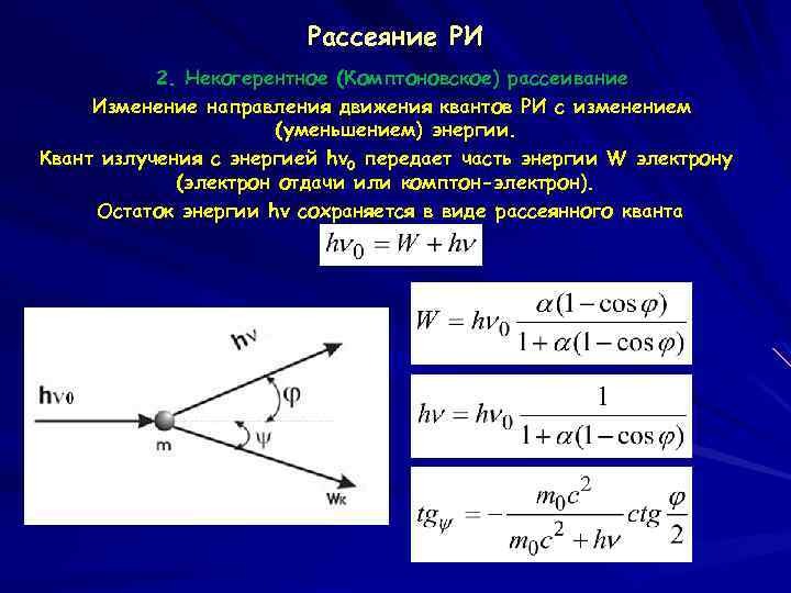 Рассеяние РИ 2. Некогерентное (Комптоновское) рассеивание Изменение направления движения квантов РИ с изменением (уменьшением)